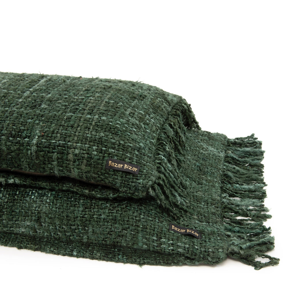 Housse de coussin vert forêt rectangulaire en coton tissé - 35x100 cm