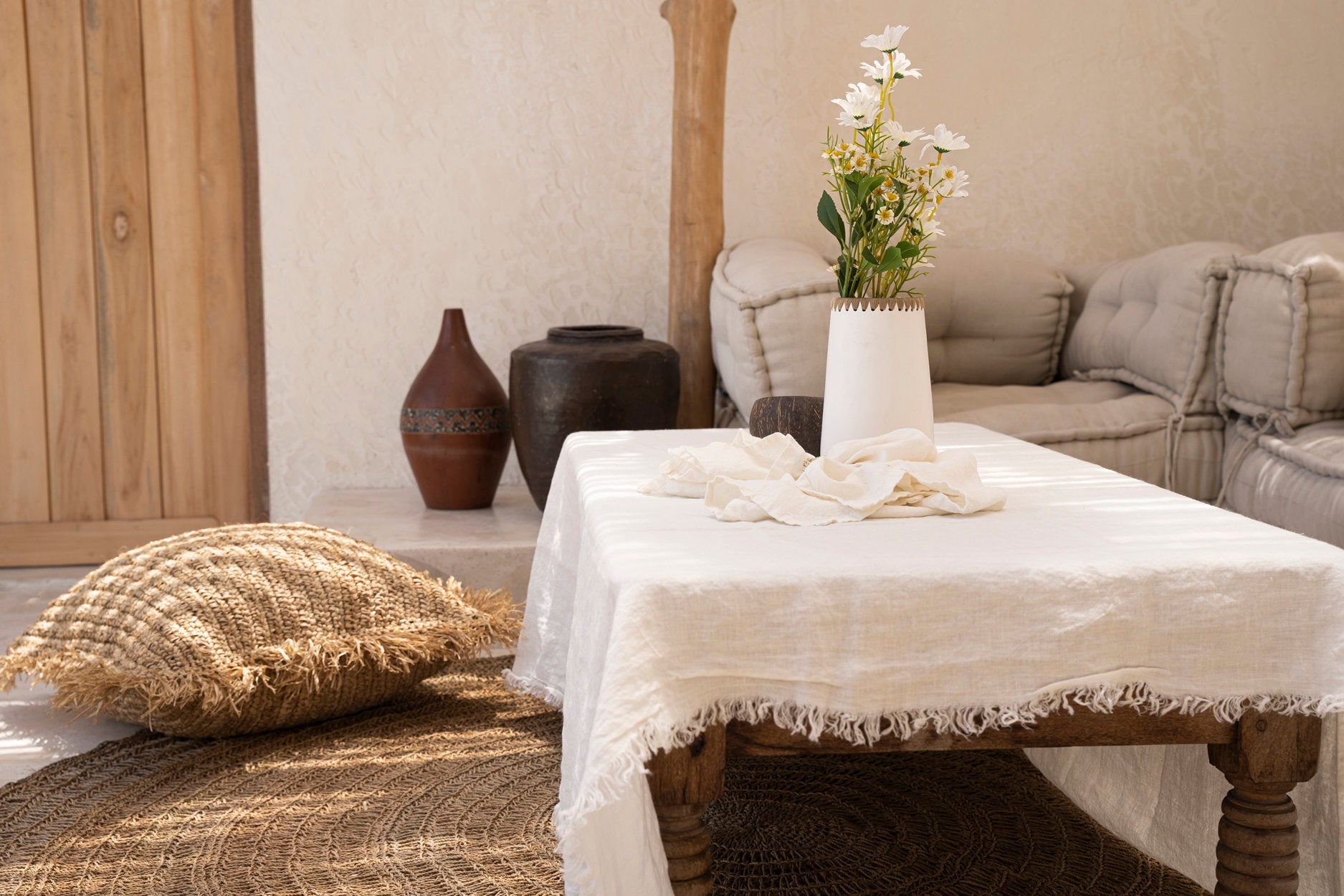 Nappe rectangulaire en lin blanc cassé douceur naturelle – 180x300 cm