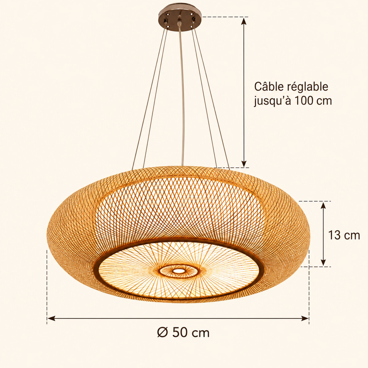 Suspension en Bambou Tressé style Balinais HALO – Ø 50 cm.