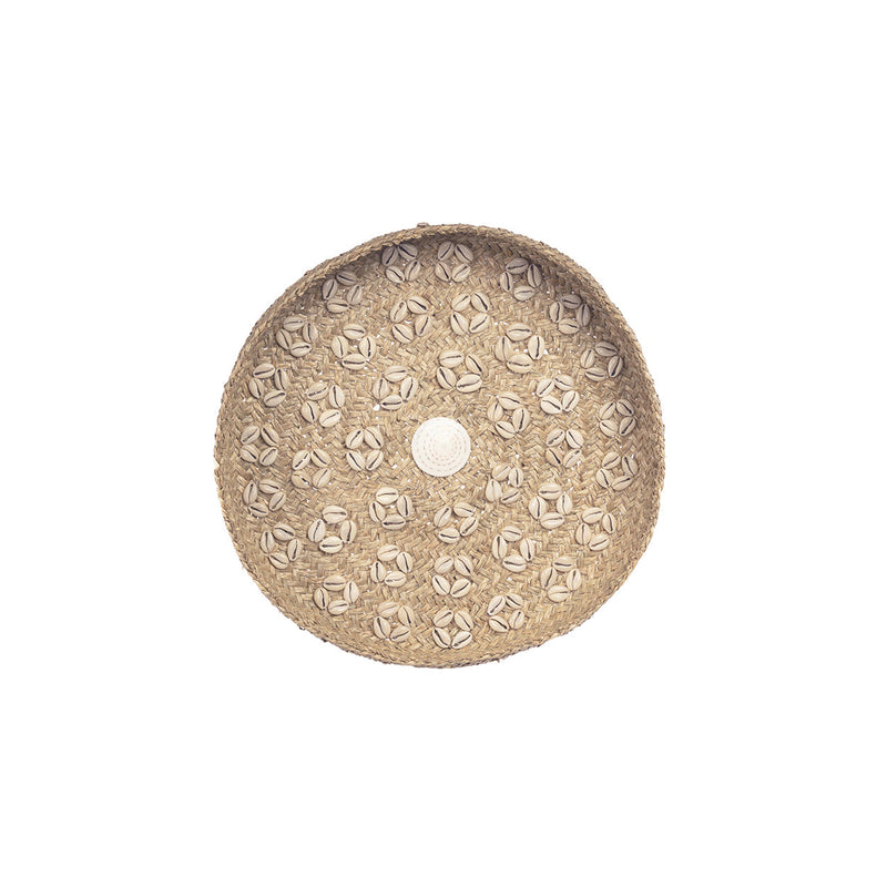 Plaque murale ronde en coquillages naturels et paille tressée blanche