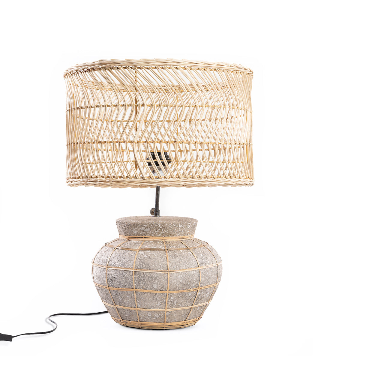 Lampe à poser effet béton et rotin tressé gris naturel – H48 cm