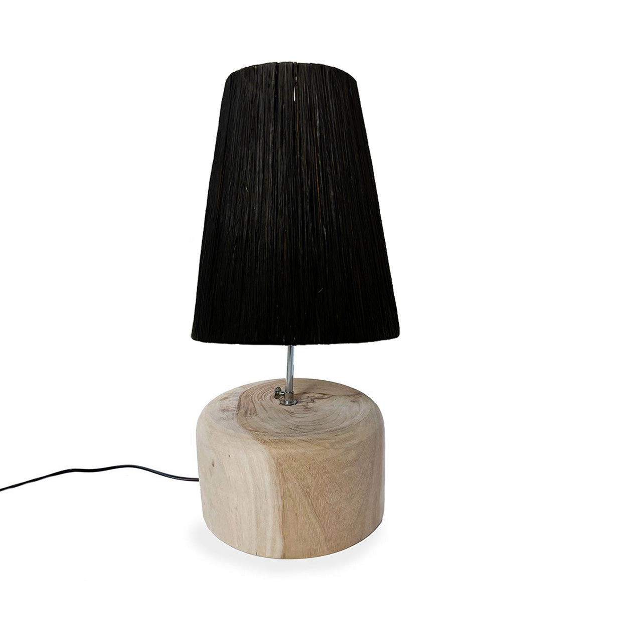 Lampe de table en teck et raphia noir conique – H55 cm
