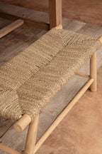 Banc en bois et fibre tressée naturel pour intérieur ou terrasse – 110x40 cm