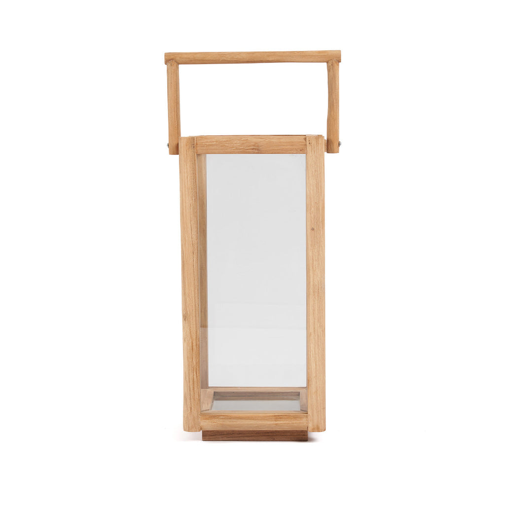 Lanterne rectangulaire en bois de teck recyclé avec poignée – H60 cm