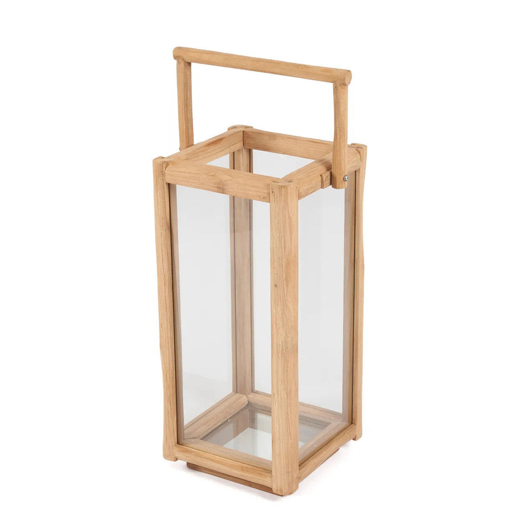 Lanterne rectangulaire en bois de teck recyclé avec poignée – H60 cm