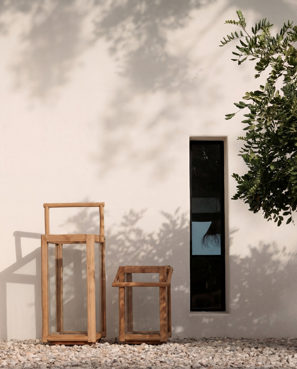 Lanterne rectangulaire en bois de teck recyclé naturel avec poignée – H43 cm