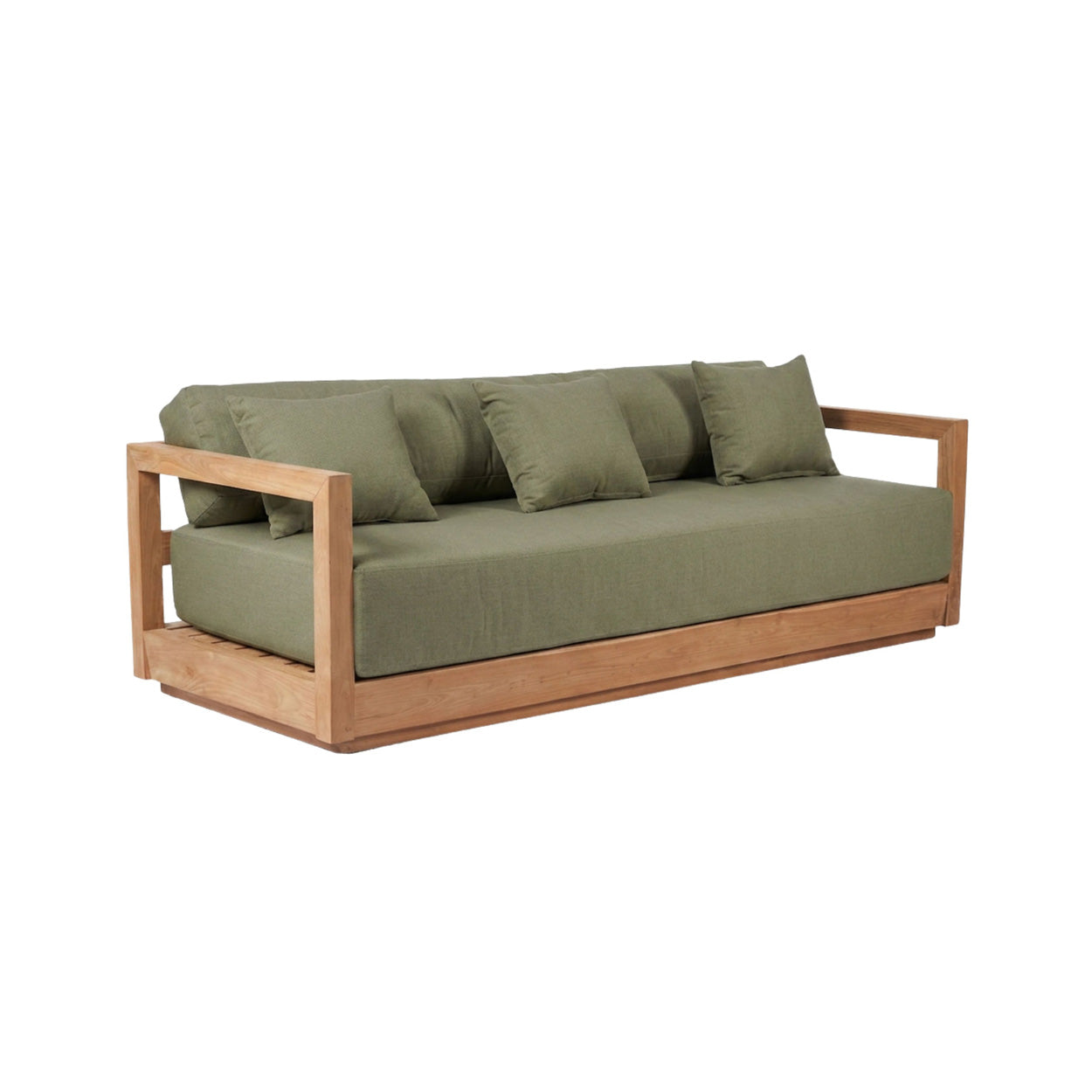 Canapé trois places extérieur teck coussins vert olive