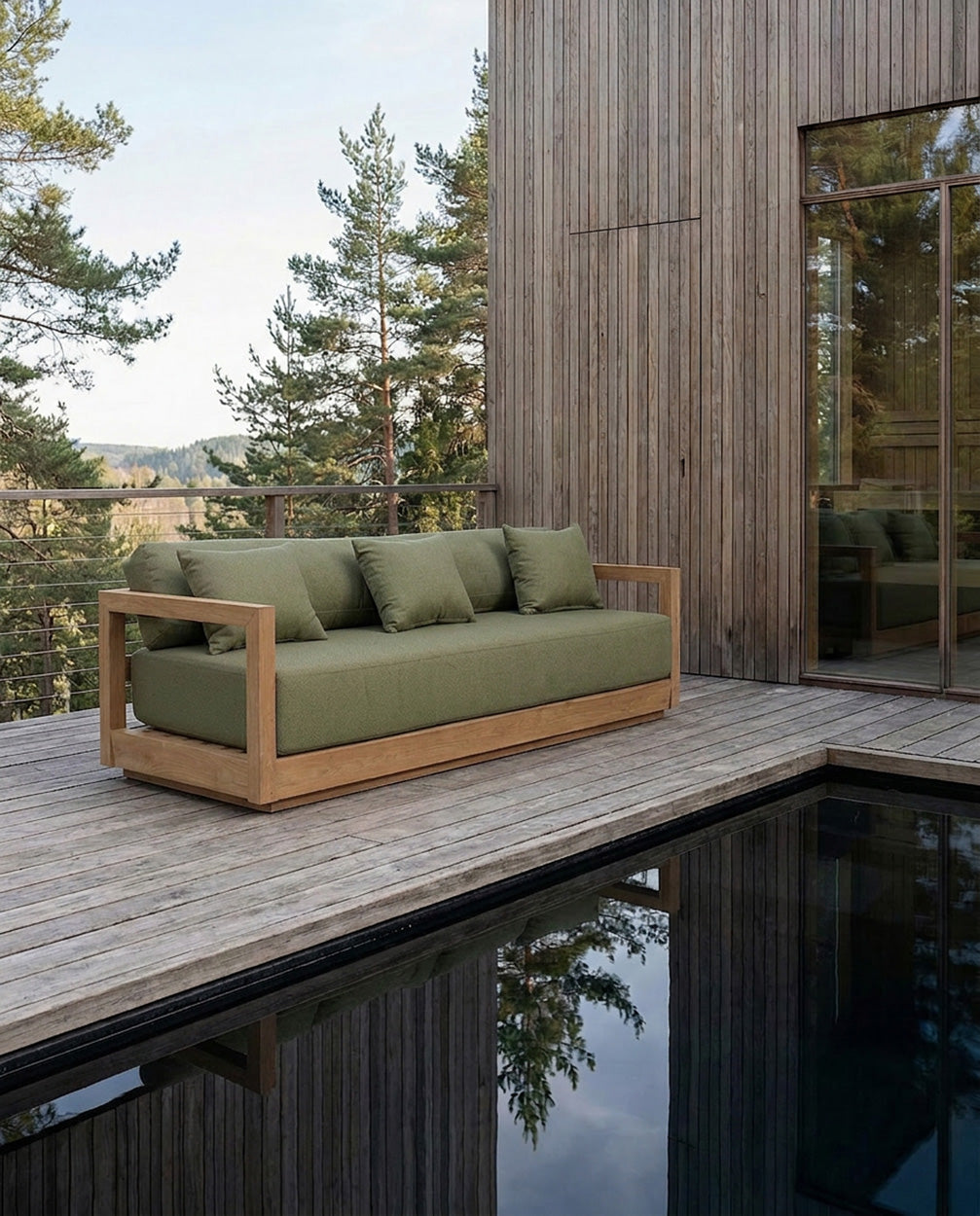 Canapé trois places extérieur teck coussins vert olive