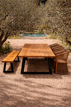Banc en teck recyclé pieds en métal noir rectangulaire – 220x100 cm