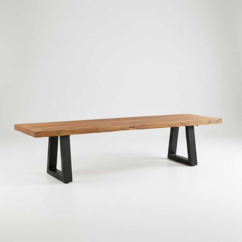 Banc en teck recyclé pieds en métal noir rectangulaire – 280x110 cm