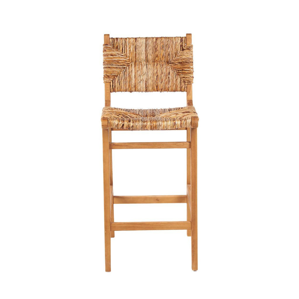 Tabouret de bar en bois recyclé et rotin tressé naturel avec dossier