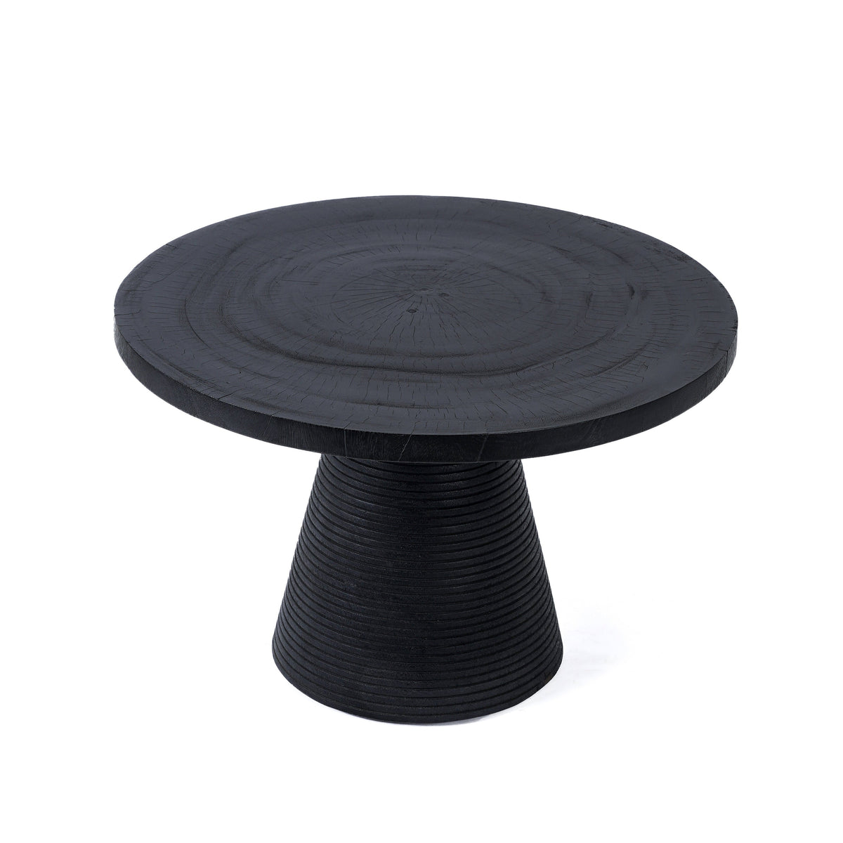 Table basse ronde en bois de suar noir avec base rainurée – Ø70 cm