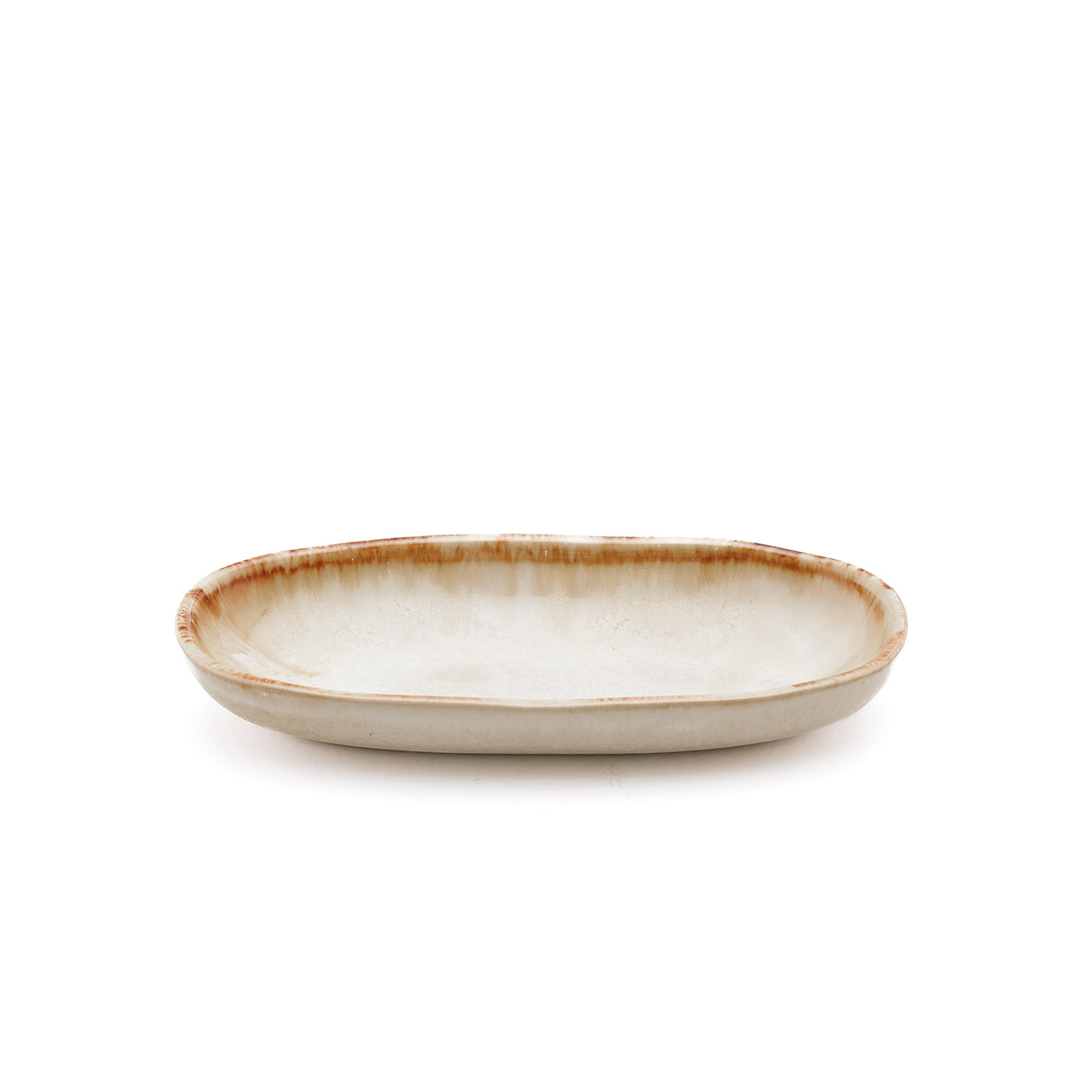 Assiette ovale en grès émaillé crème bord brun artisanale