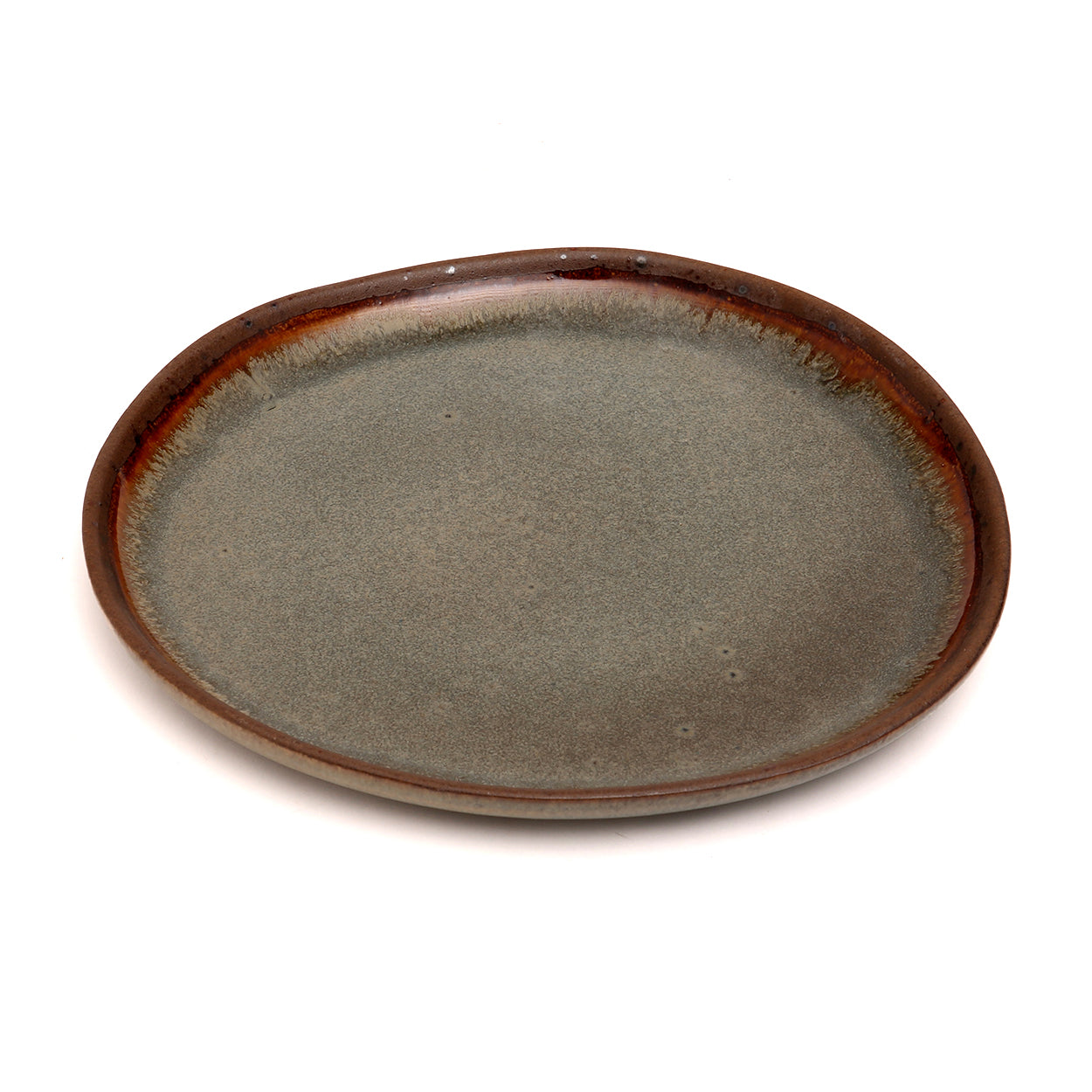 Assiette en grès émaillé ovale gris-vert à bord brun organique