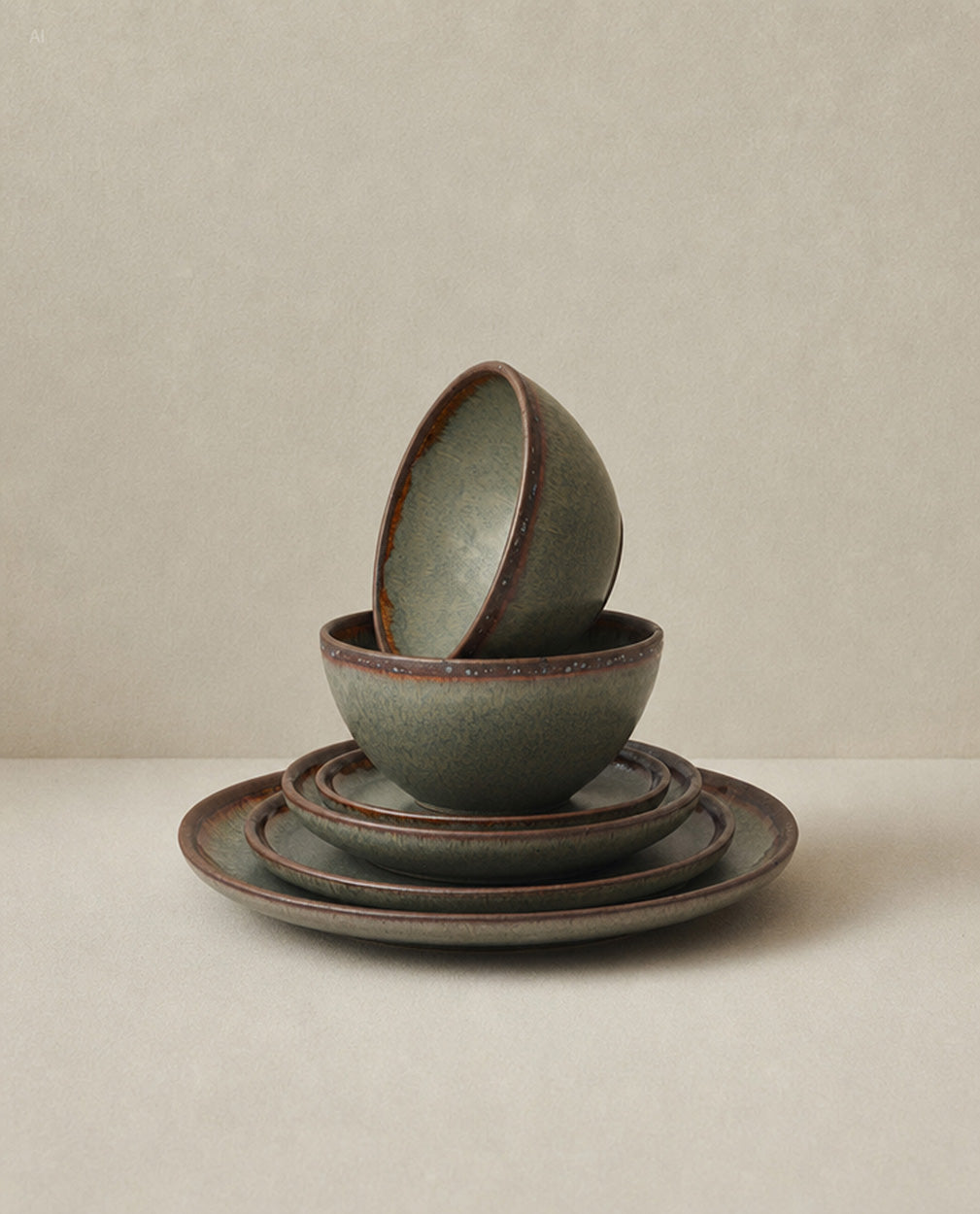 Assiette en grès émaillé forme organique gris vert moucheté