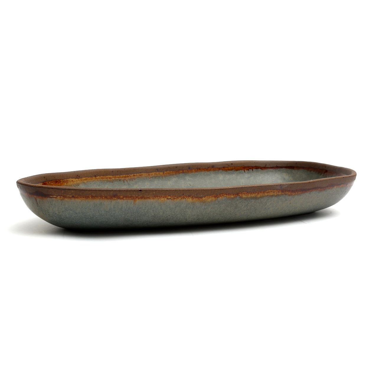 Plateau de service ovale en grès émaillé gris brun fait main – 34x16 cm