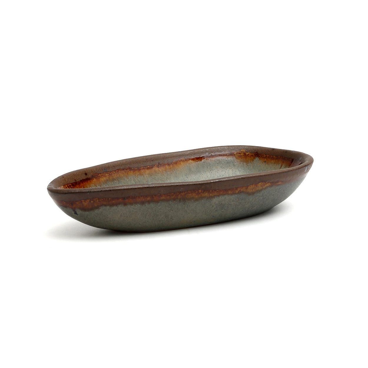 Assiette de service ovale en grès émaillé gris et brun rouille