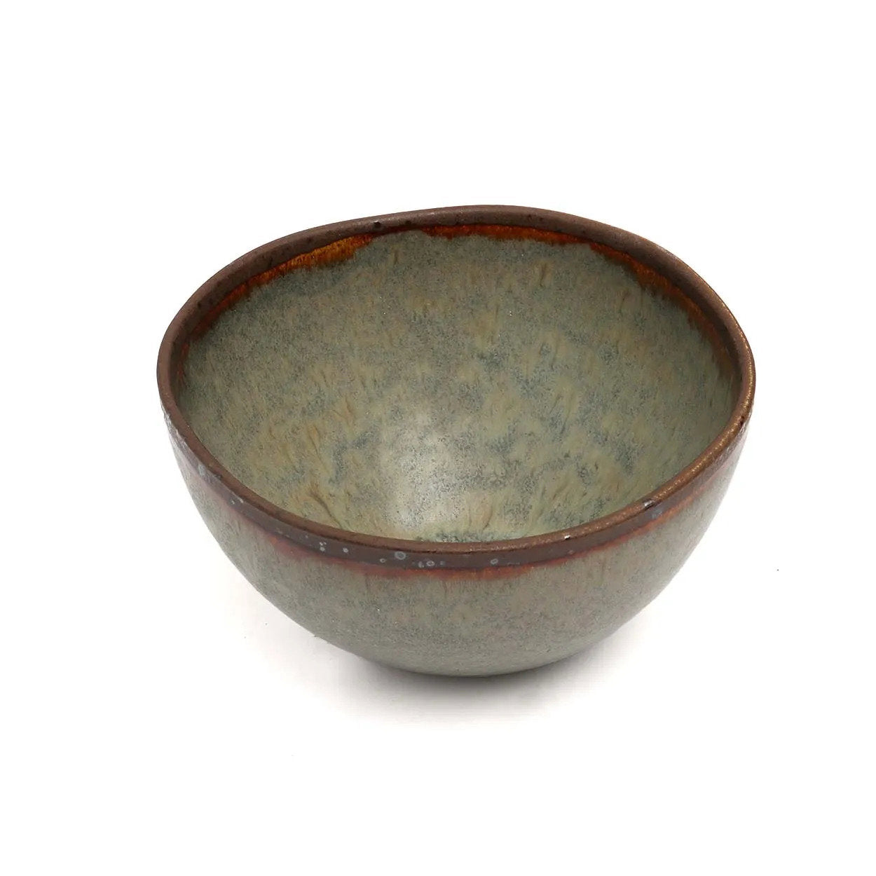 Bol en grès émaillé gris-vert bord brun forme organique artisanale