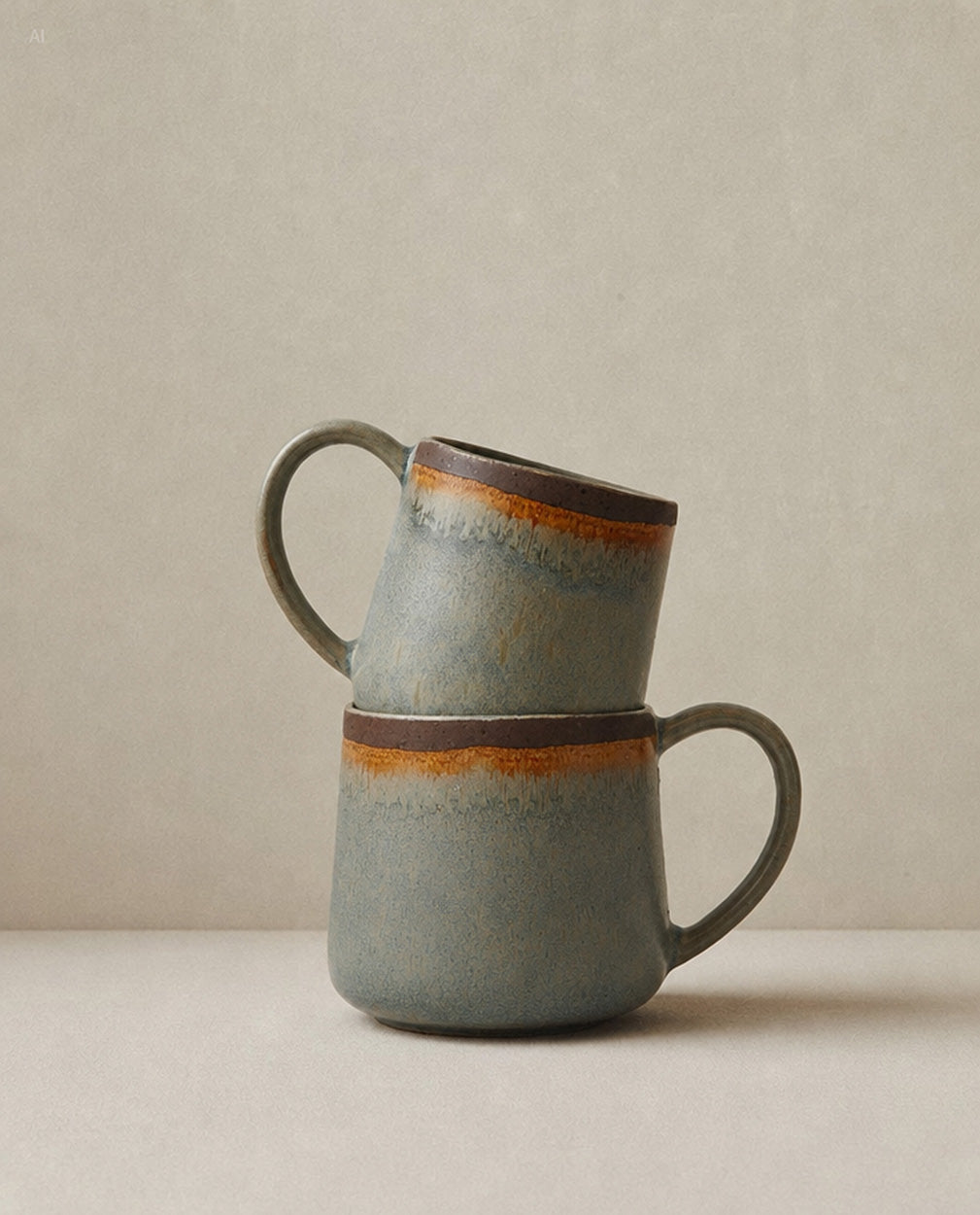Mug en grès artisanal émaillé gris bleuté et brun