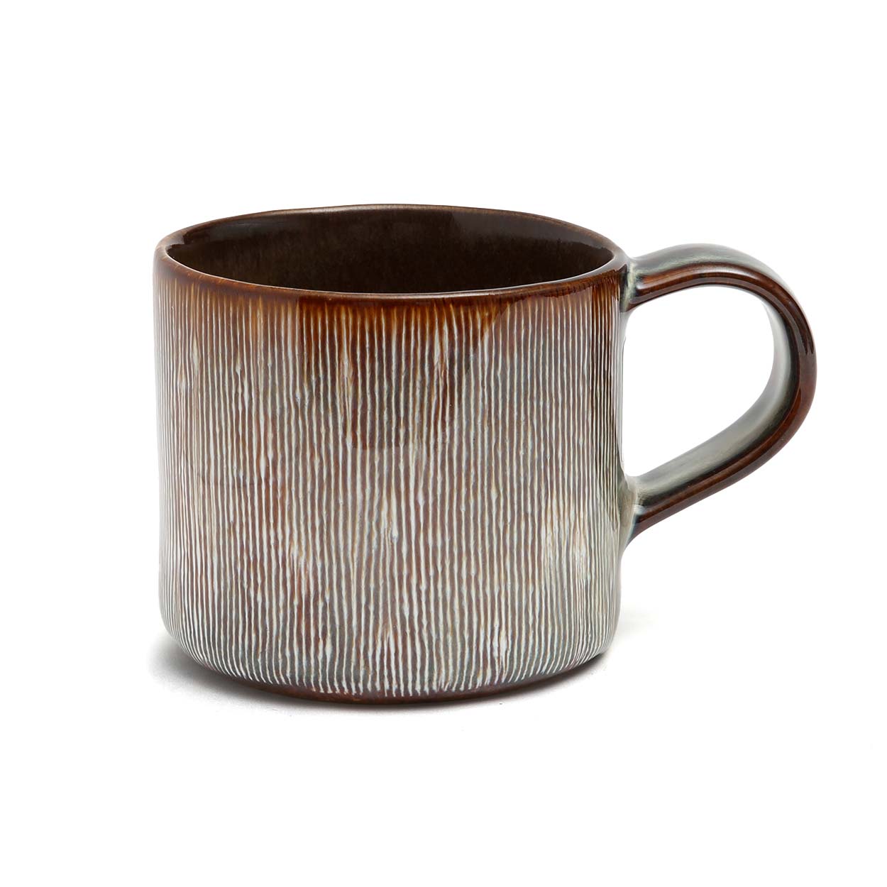 Mug en grès émaillé brun et gris avec stries relief et anse large