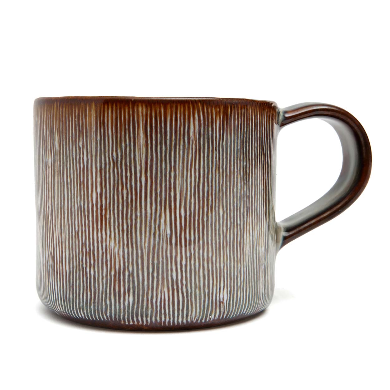 Mug en grès émaillé brun et gris avec stries relief et anse large