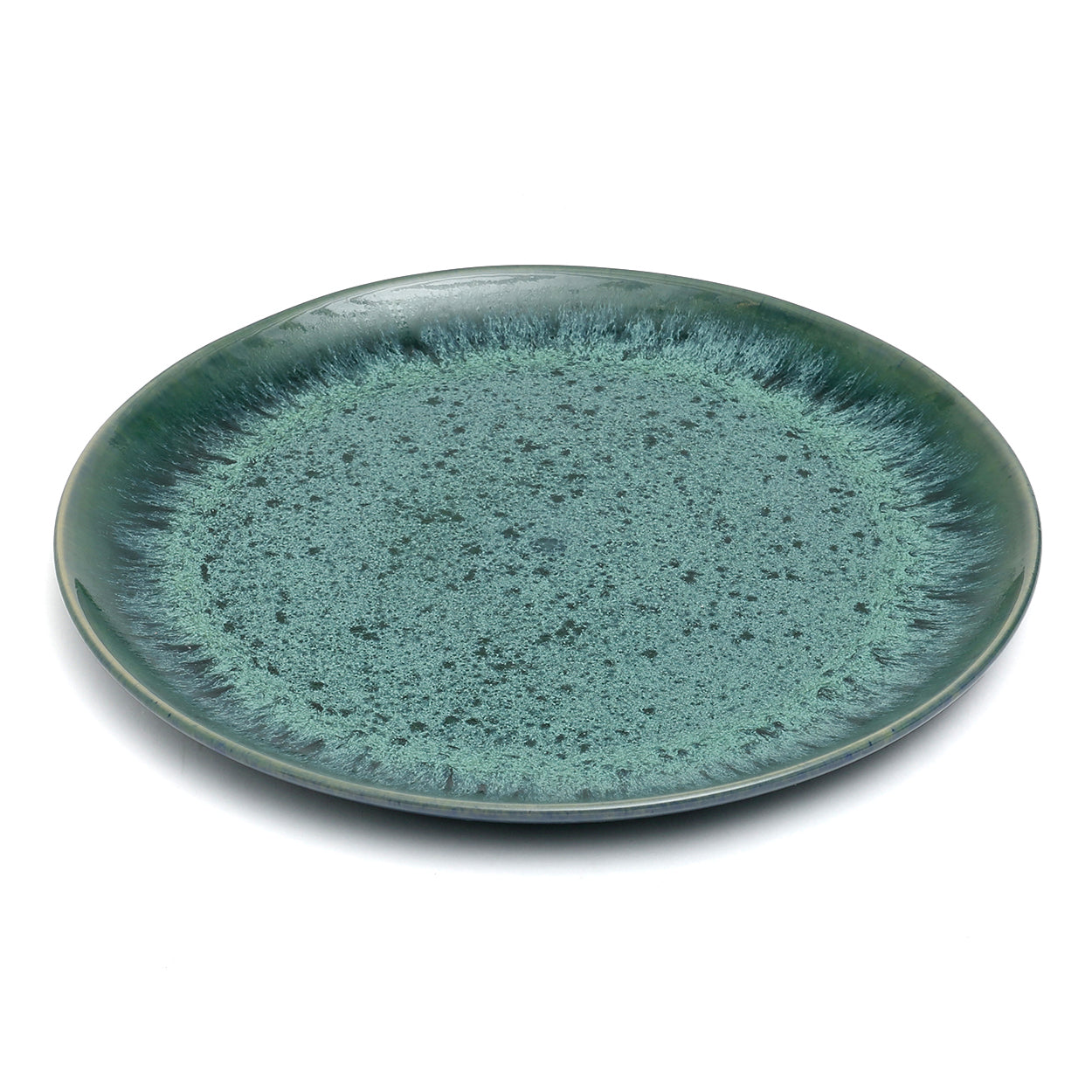 Assiette plate en grès émaillé vert aqua moucheté effet halo
