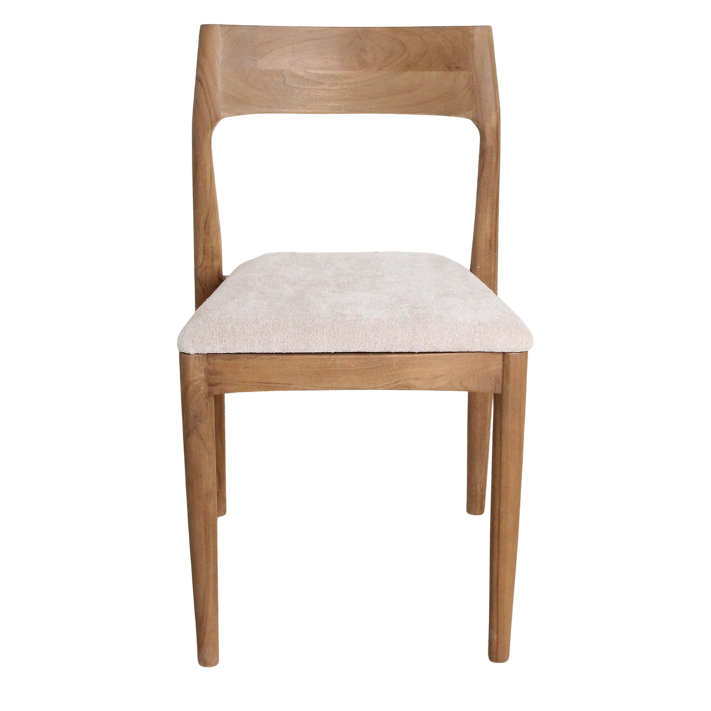 Chaise de salle à manger en bois de teck et tissu beige ajourée