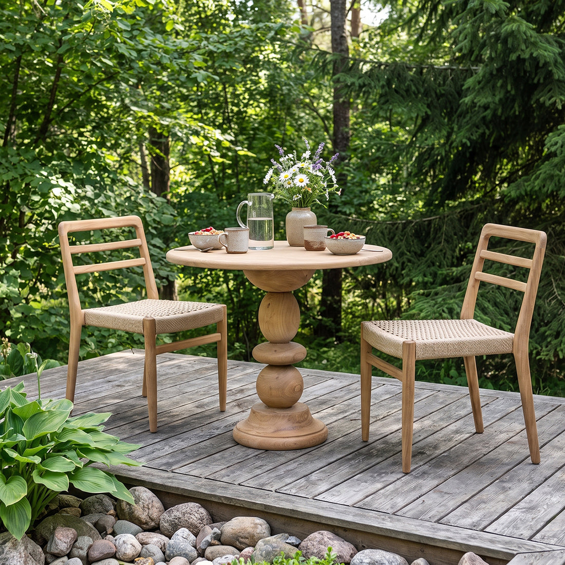 Chaises de jardin en teck naturel avec accoudoirs et assise tressée – Lot de 2