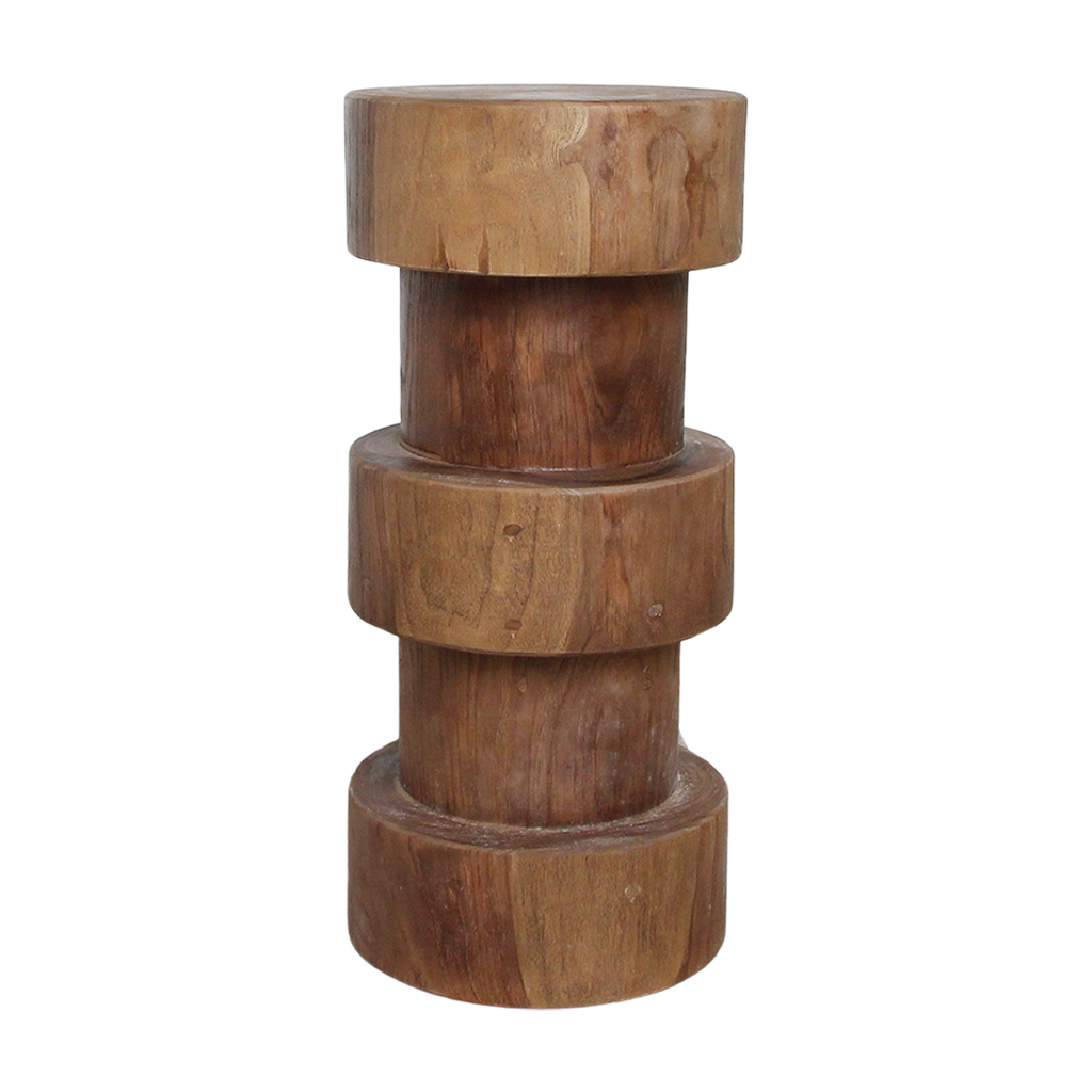 Tabouret en teck massif naturel forme totem pour bar ou salon – H65 cm
