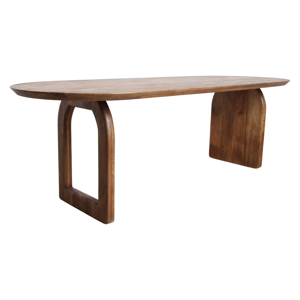 Table à manger bois massif brun piètement sculptural 180x90 cm