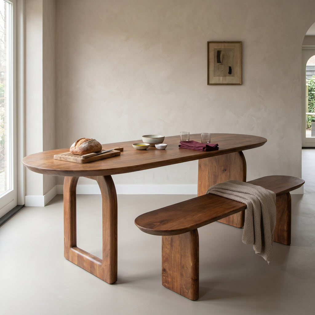 Table à manger bois massif brun piètement sculptural 180x90 cm