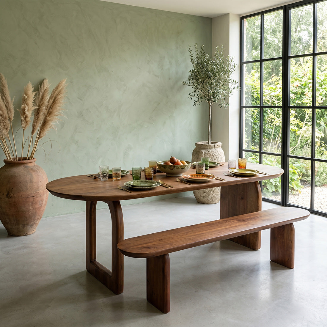 Table à manger bois massif brun piètement sculptural 180x90 cm