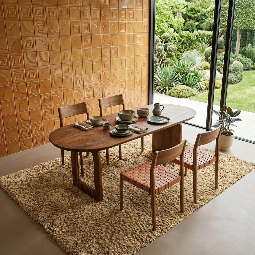 Table à manger bois massif brun piètement sculptural 180x90 cm
