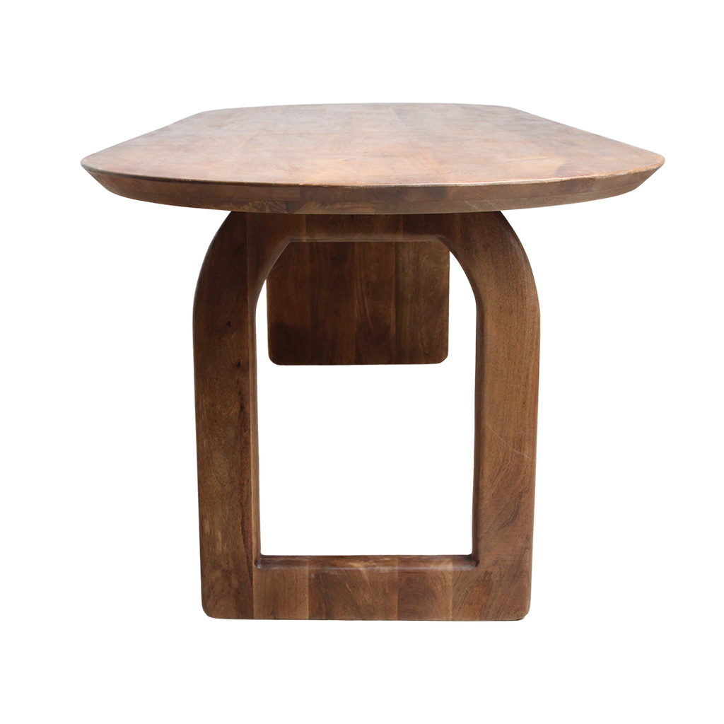 Table à manger bois massif brun piètement sculptural 180x90 cm