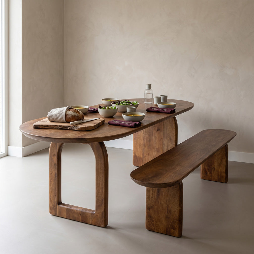 Table à manger bois massif brun piètement sculptural 180x90 cm
