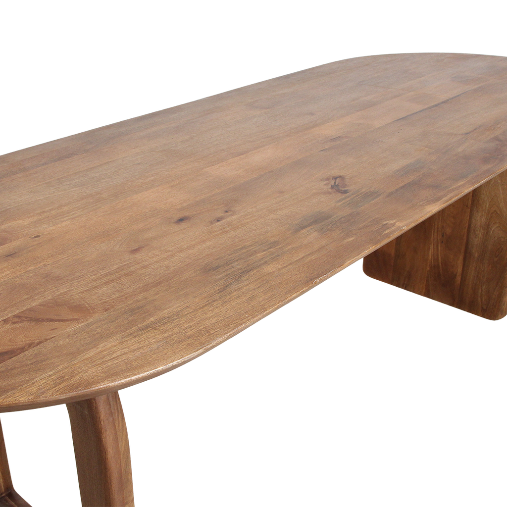 Table à manger bois massif brun piètement sculptural 180x90 cm