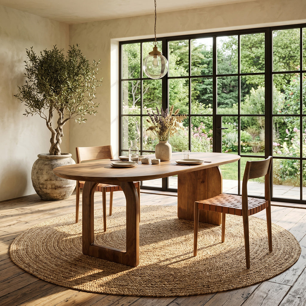 Table à manger bois mangue brun arrondi base mixte – 200x90 cm