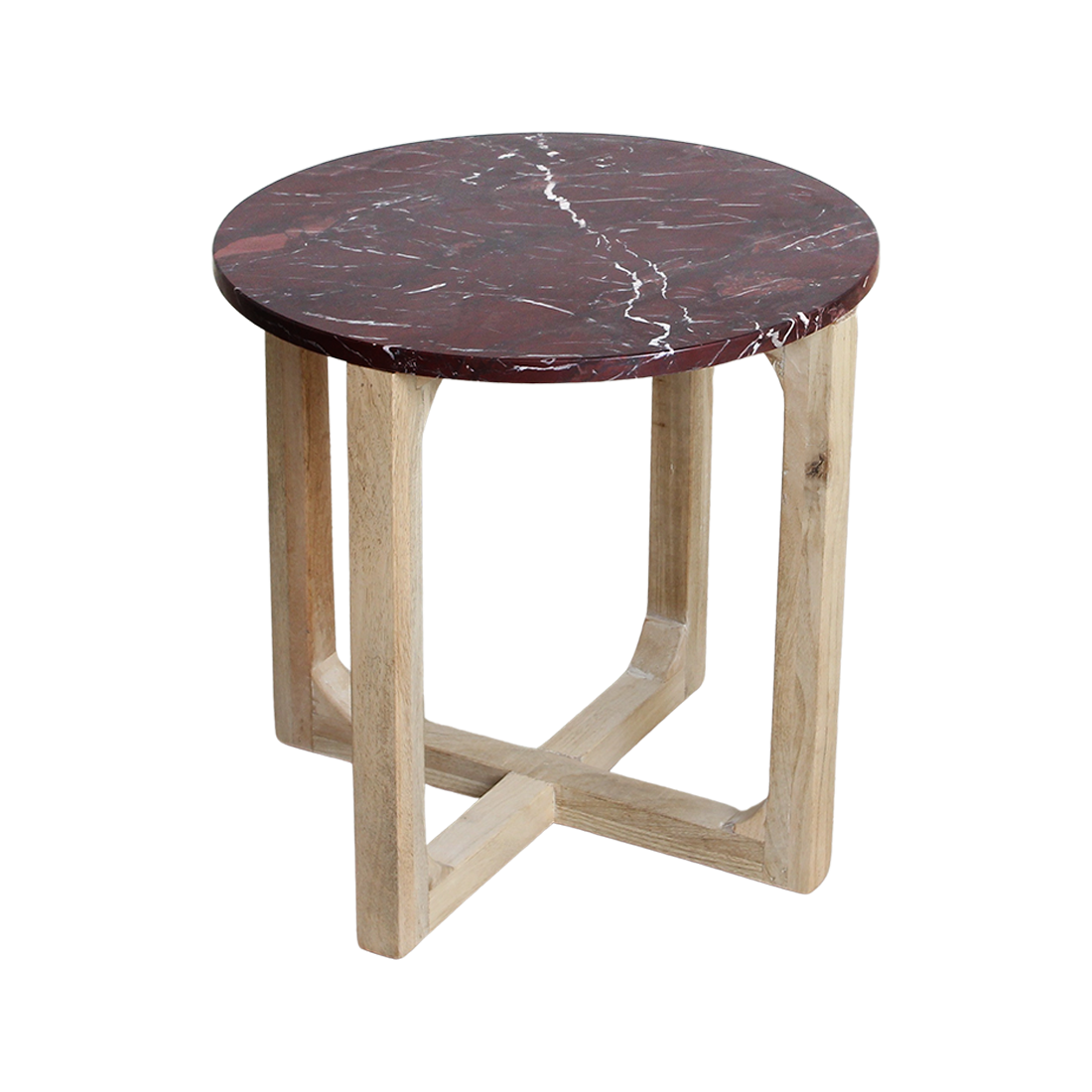 Table d'appoint marbre rouge veiné blanc piètement bois clair – Ø50 cm