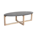 Table basse ovale en marbre noir et bois clair croisé – 120x60 cm