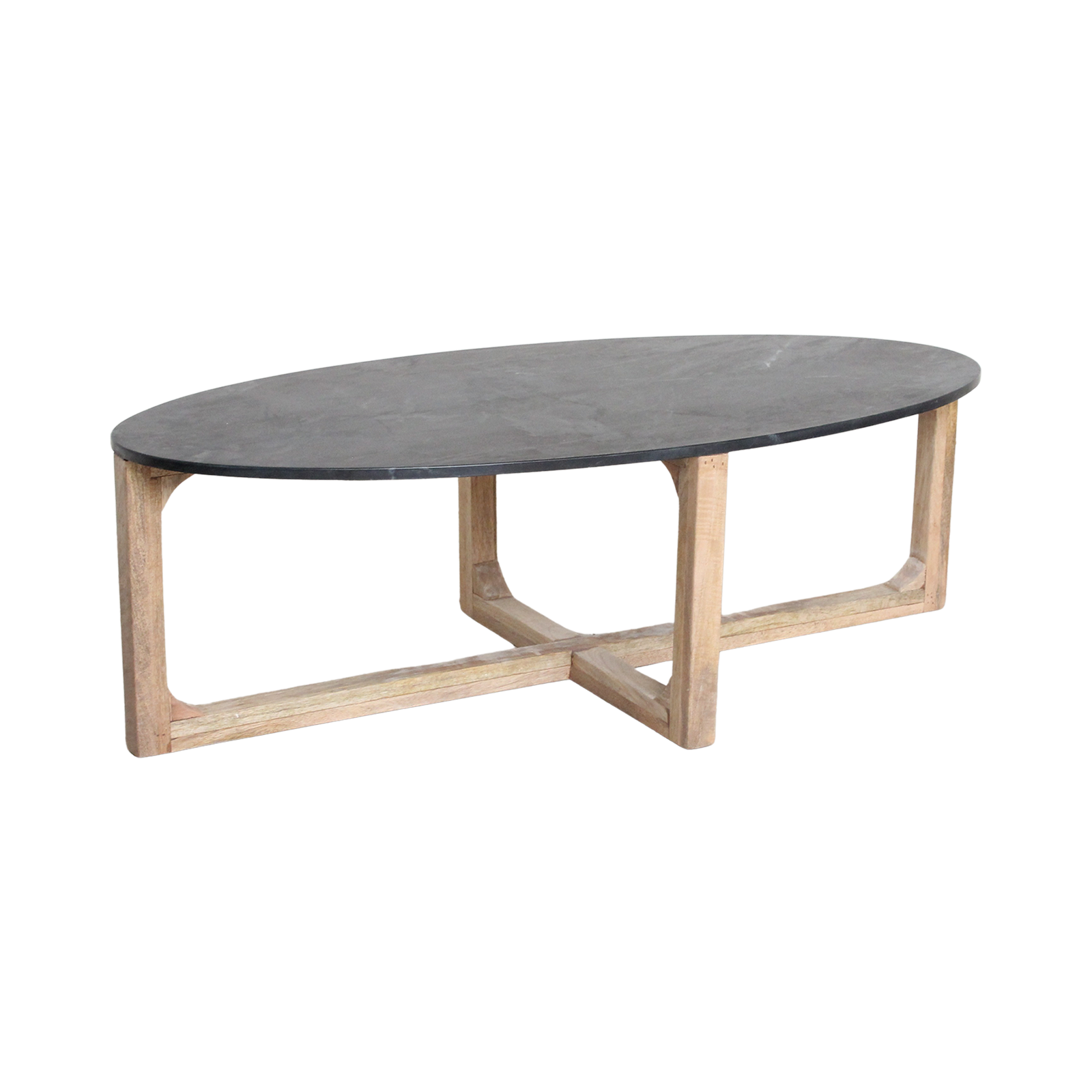 Table basse ovale en marbre noir et bois clair croisé – 120x60 cm