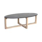 Table basse ovale en marbre noir et bois clair croisé – 120x60 cm