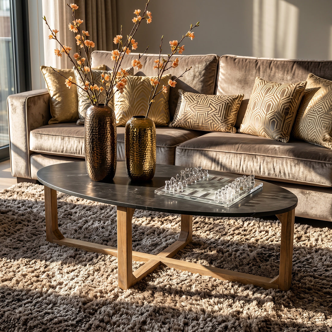 Table basse ovale en marbre noir et bois clair croisé – 120x60 cm
