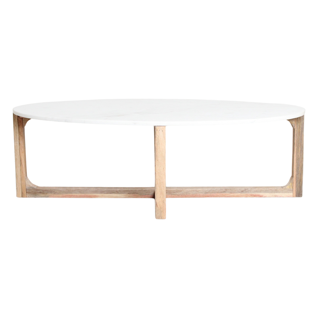 Table basse ovale en marbre blanc et bois de manguier – 120x60 cm