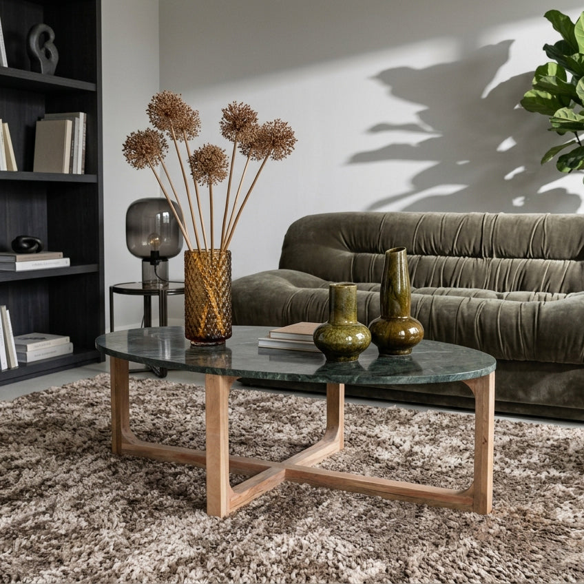 Table basse ovale en marbre noir et bois naturel – 120x60 cm