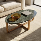 Table basse ovale en marbre noir et bois naturel – 120x60 cm