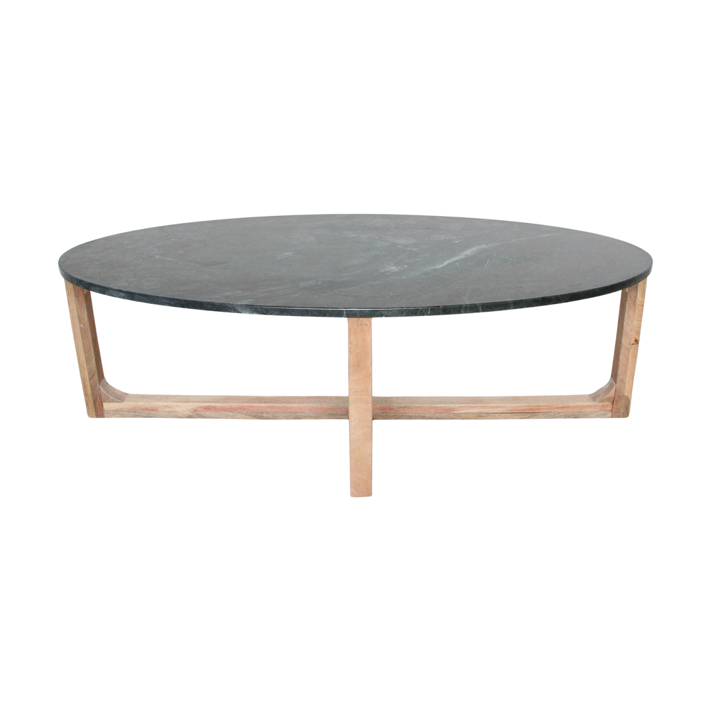 Table basse ovale en marbre noir et bois naturel – 120x60 cm