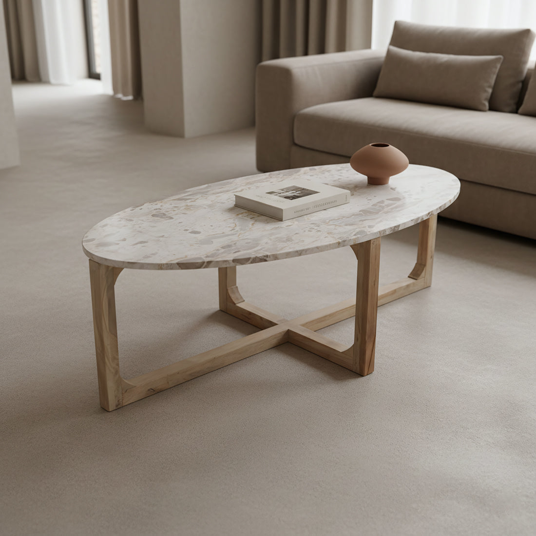 Table basse ovale marbre crème et bois pour salon – 120x60 cm