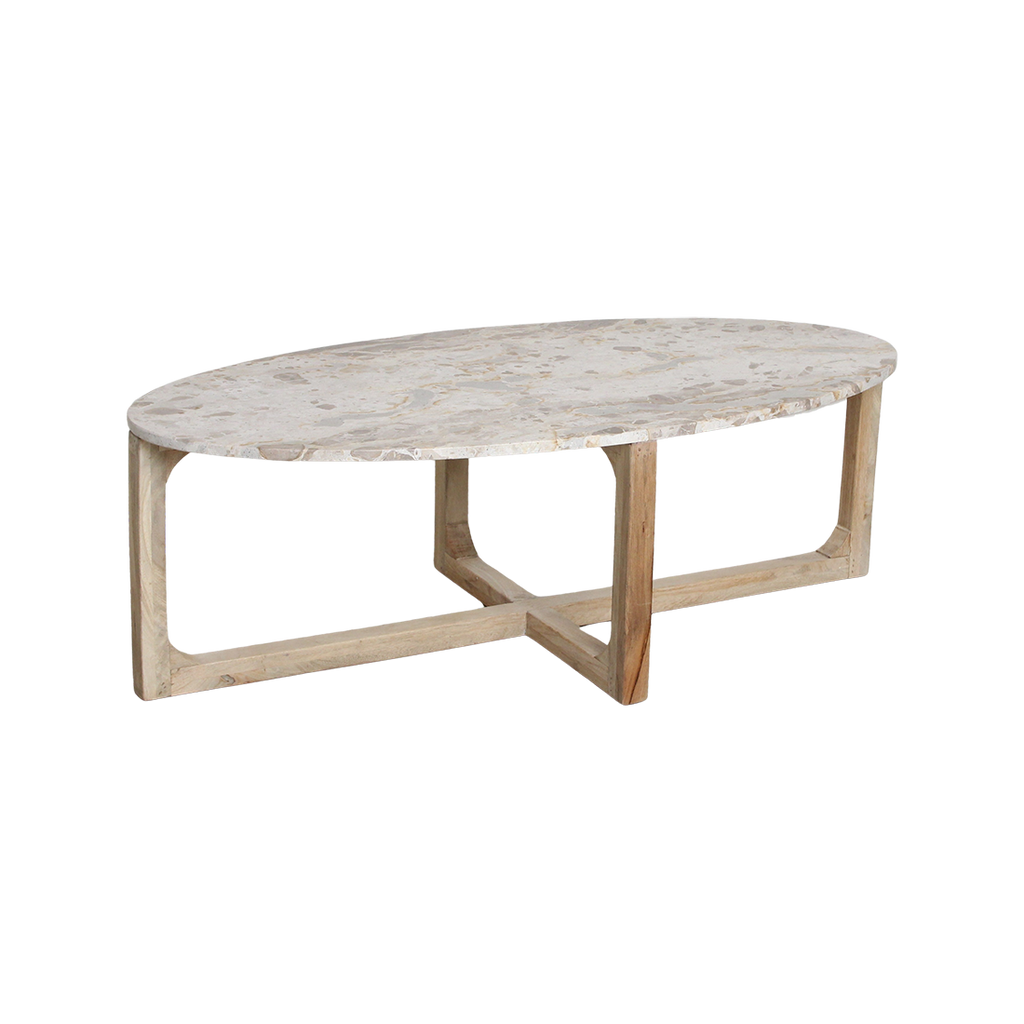 Table basse ovale marbre crème et bois pour salon – 120x60 cm