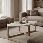 Table basse ovale marbre crème et bois pour salon – 120x60 cm