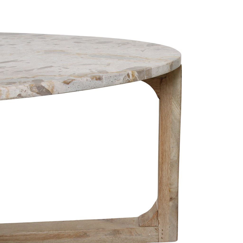 Table basse ovale marbre crème et bois pour salon – 120x60 cm